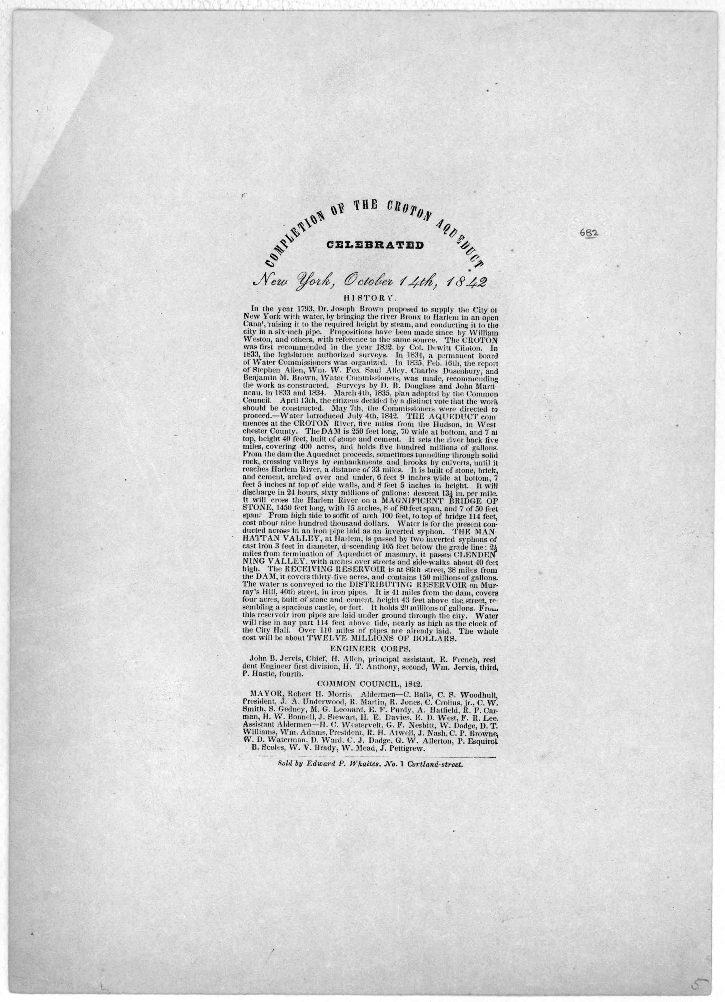 Completion of the Croton Aqueduct — Broadside (1842)