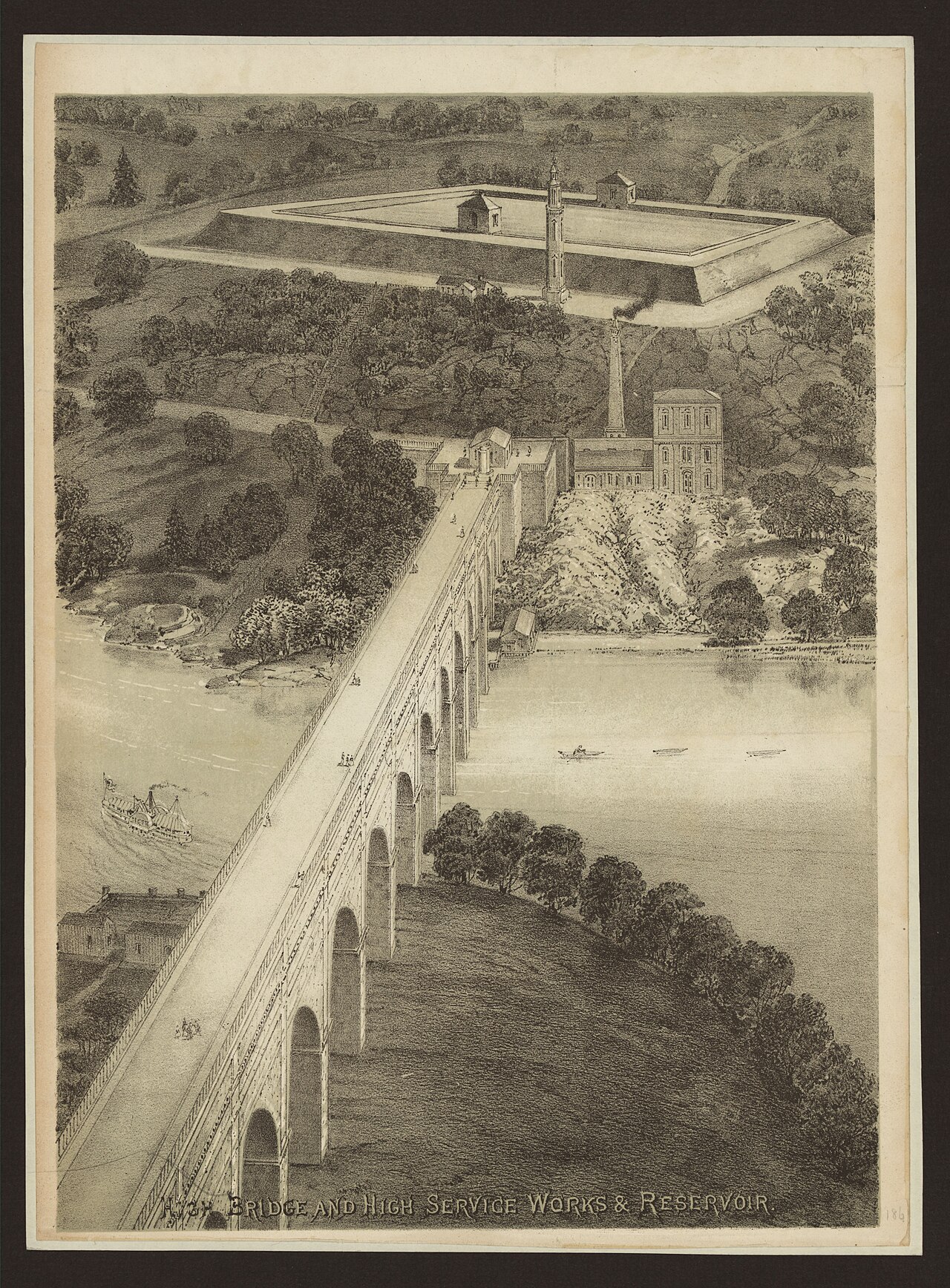 High Bridge and High Service Works — Lithograph (1841)